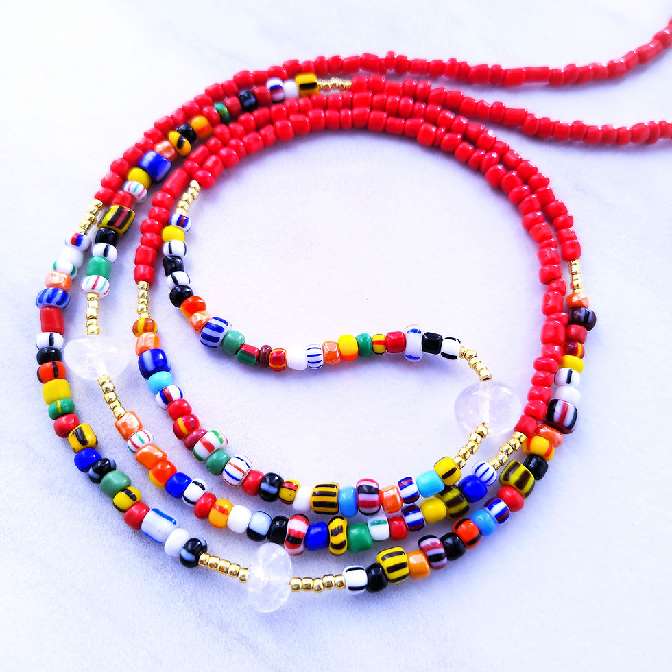 Thumbnail: handmade african inspired waist bead in red with multi-colored African beads, crystal quartz and gold bead accents