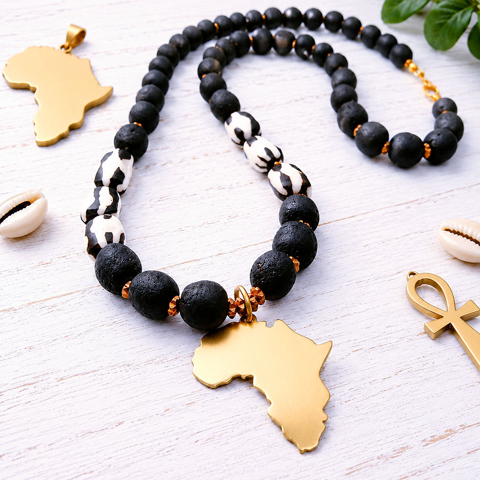Beautiful & Black Africa & Batik Bead Necklace with a solid brass Africa pendant and matte black African glass beads.