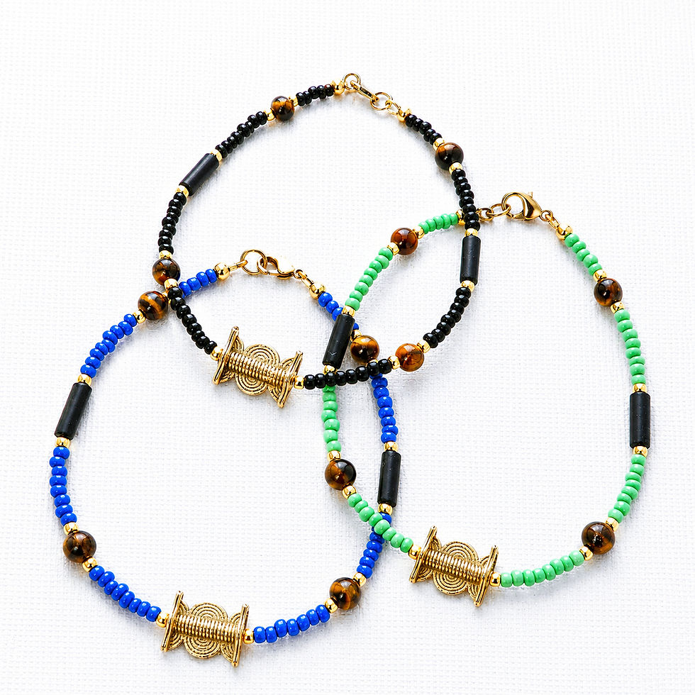 African Eclipse Tiger’s Eye anklet available in green blue and black with crystal quartz details.