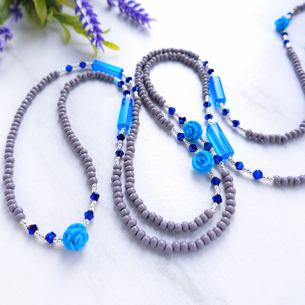 Discernment turquoise rose waist beads with silver details and blue glass tube beads