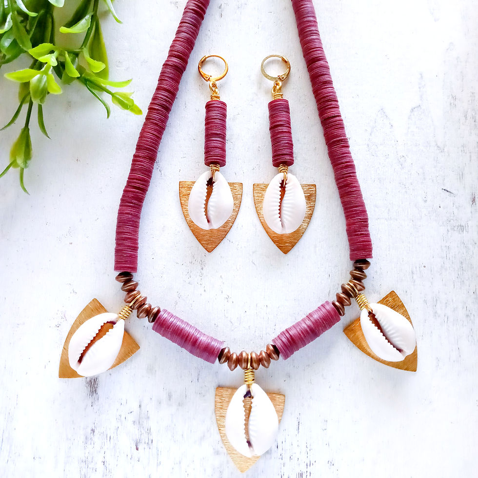 Amandla Zuri brown Cowrie Shell and African Vinyl Necklace and Earring Set