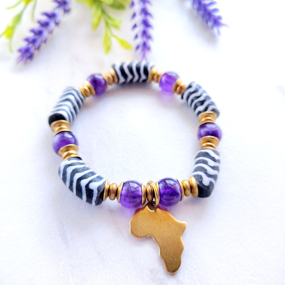 Thumbnail: zebra african krobo bead bracelet with amethyst bead accented with brass beads and featuring a brass africa charm