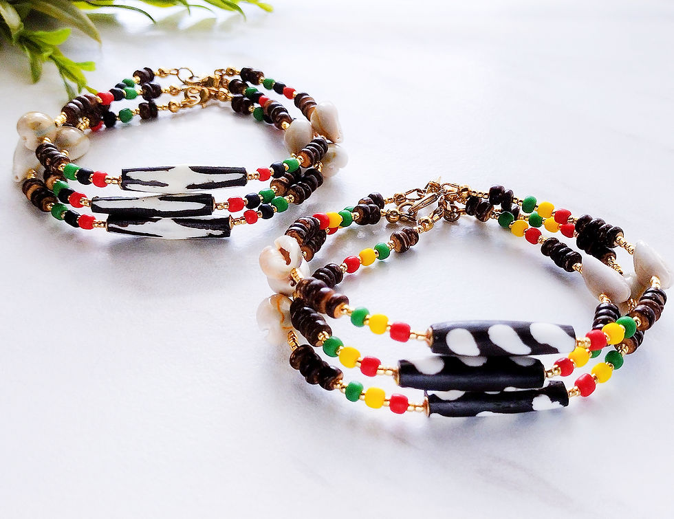 Thumbnail: Handcrafted cowrie shell anklet with African batik bead details and earthy coconut bead accents.