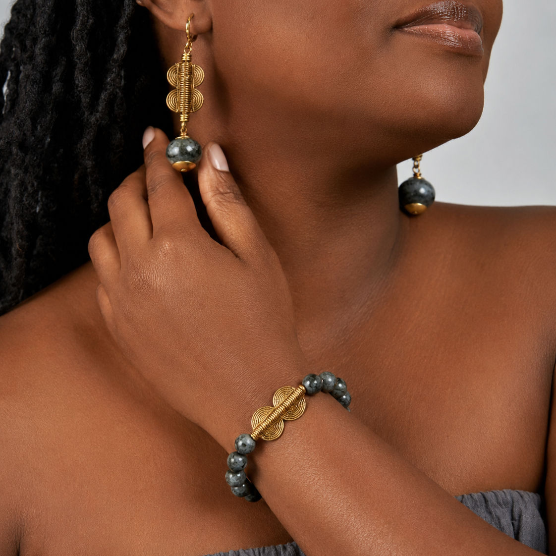 Handmade Labradorite jewelry set with African brass bead accents