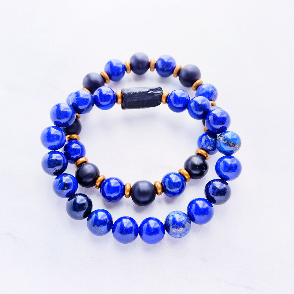 Thumbnail: Tourmaline, onyx, and brass bracelet set in lapis lazuli