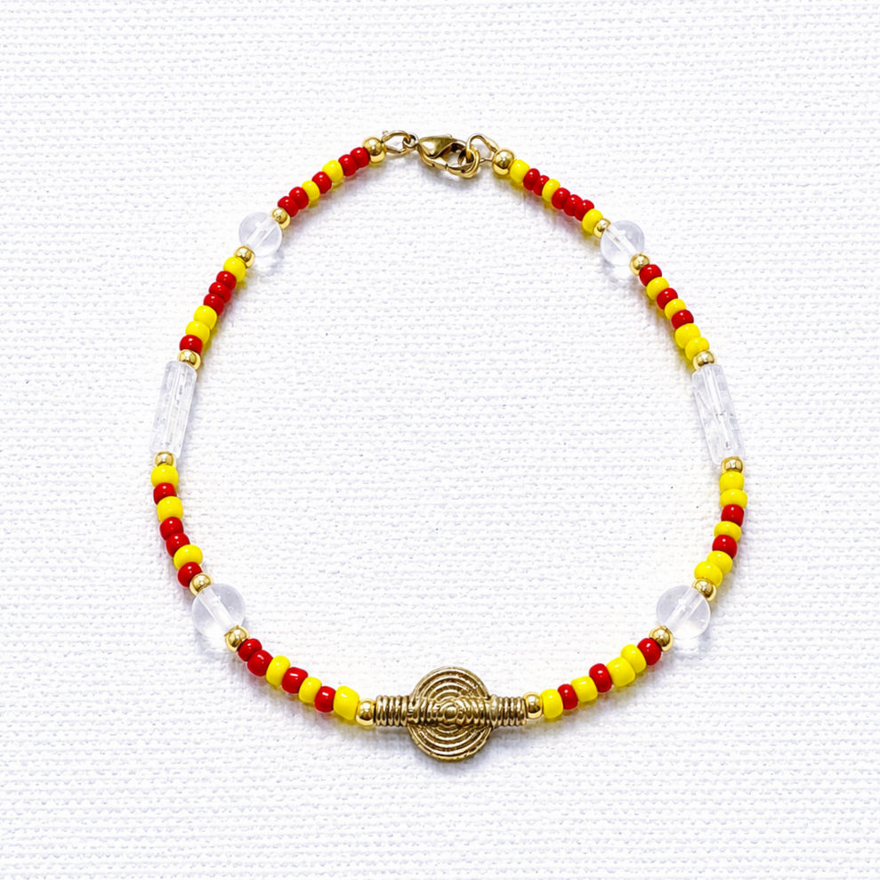 Handcrafted crystal quartz and African brass anklet in yellow/red