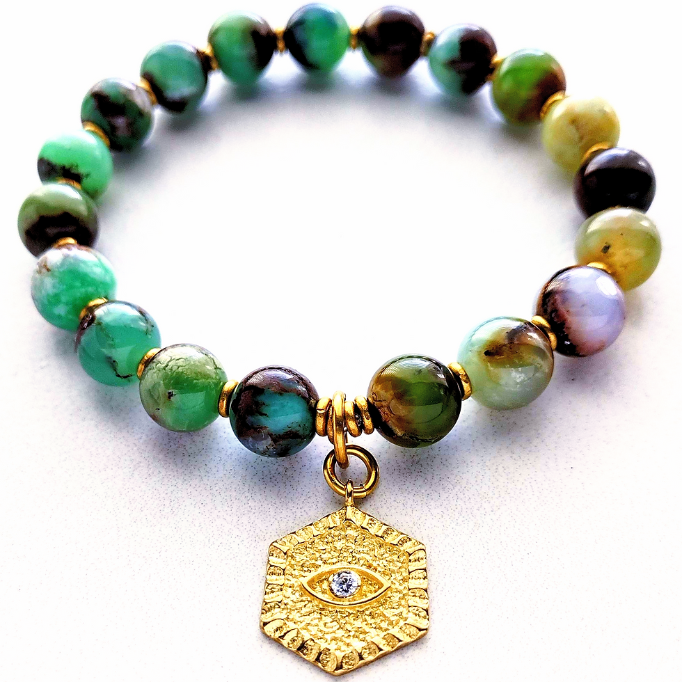 positivity and light natural stone bracelet in chrysoprase with brass beads and protective eye charm