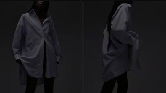 Background image of a model in an oversized shirt outfit