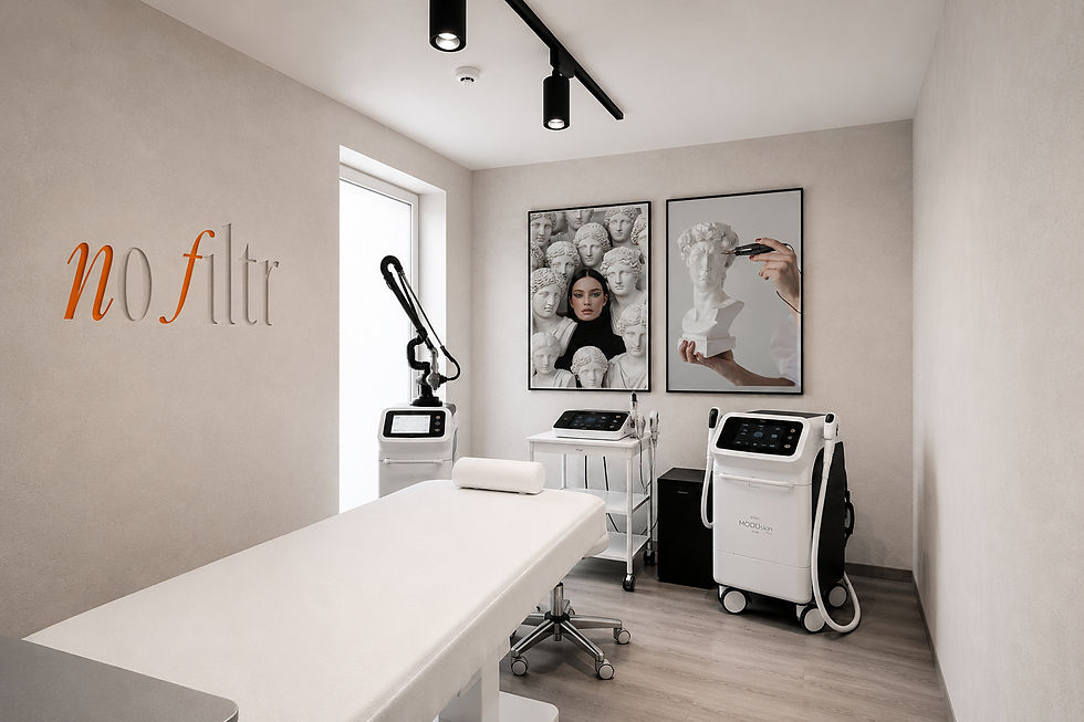 This image depicts a modern cosmetic treatment room. It features a massage table, various medical aesthetic devices, and artistic wall decor.