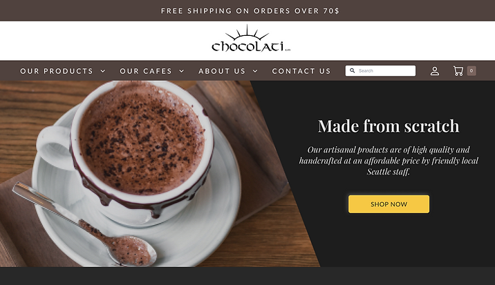 New Homescreen for the Chocolati Website, showing the main banner that pictures an appealing image of hot chocolate