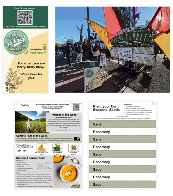 Image of physical artificats that includes a mock-up of the physical sign that would be at a farmer's market with a QR code at the top. The bottom of the image shows the front and back of the Newsletter that features a butternut squash recipe on the front. On the back of the newsletter are white and green strips that say Rosemary and Sage.