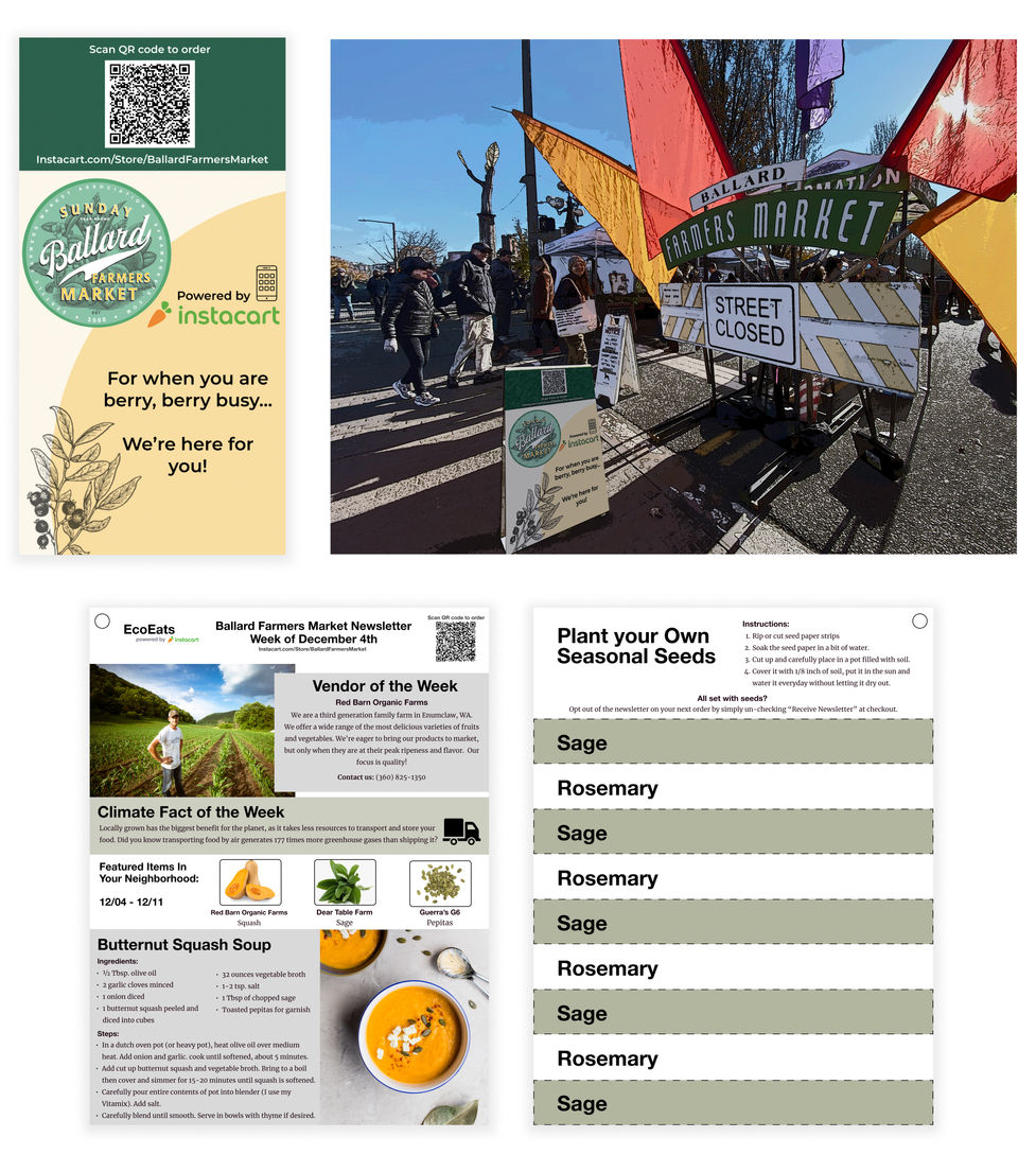 Image of physical artificats that includes a mock-up of the physical sign that would be at a farmer's market with a QR code at the top. The bottom of the image shows the front and back of the Newsletter that features a butternut squash recipe on the front. On the back of the newsletter are white and green strips that say Rosemary and Sage.