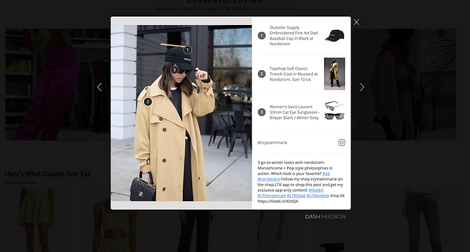 Image of a Currently Loving Instagram post. Image shows a woman in a black baseball hat and a camel long coat. There are circled numbers on each clothing item and item descriptions on the right side of the photo.