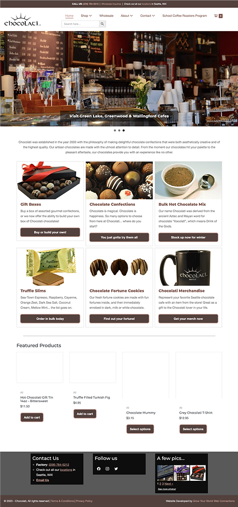 Image of Existing Chocolati website homepage. At the top is a large moving banner image that shows a cafe. Below the top banner are 6 boxes that are not aligned and feature different product types.