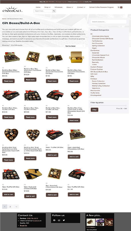 Existing Product Page from the Chocolati Website, showing rows of 4 for products and a long product category list on the right