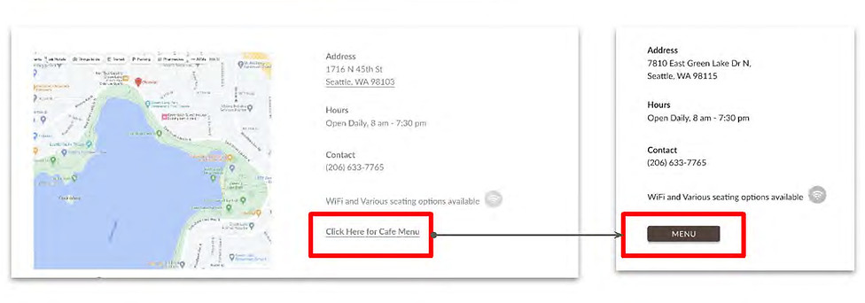 Image showing change to cafe details page where a link reads "Click here for cafe menu" that was then changed to a dark colored button that reads "Menu"
