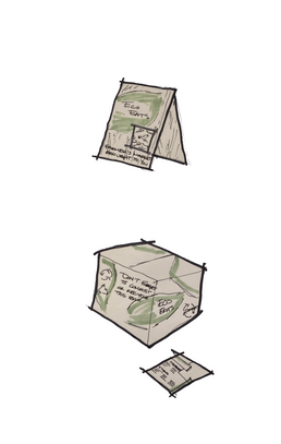 Sketch of an A-Frame sign and box that has a recipe card next to it.