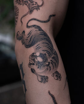 Japanese tiger and dragon half sleeve tattoo wrapping around arm in black and grey, custom tattoo Boston