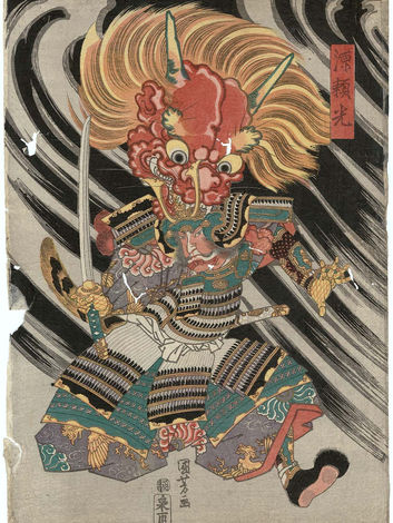 Minamoto no Raiko confronting the demon Shuten doji in a traditional Japanese woodblock print