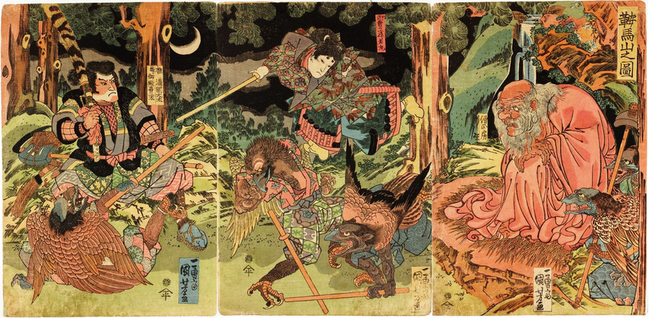 tengu teaching yoshitsune japanese tattoo composition