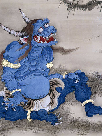 Traditional Japanese artwork depicting a blue oni with horns, fangs, claws, and a powerful muscular form.