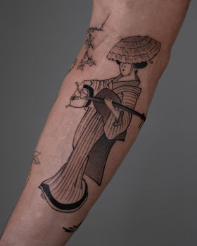 Japanese woman playing traditional musical instrument tattoo in black and grey, custom tattoo Boston