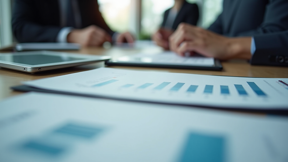 Close-up view of a business meeting with digital devices and charts on the table