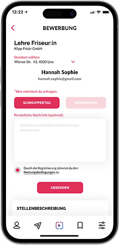 Screenshot der SURFjobs-App, der zeigt, wie man sich mit nur 3 Klicks auf eine Lehrstelle bewerben kann.