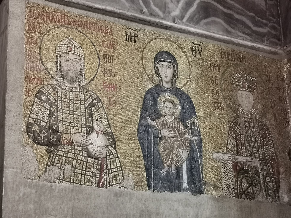 The Komnenos mosaic, a 12th-century Byzantine masterpiece, features Emperor John 11 Komnenos (left), The Virgin Mary and Christ Child (centre) and Empress Irene (right).