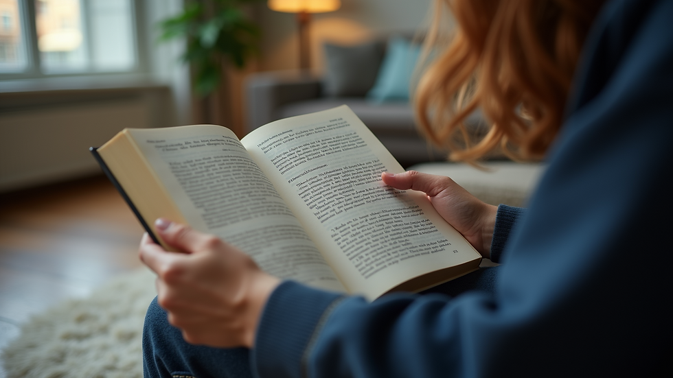 Close-up view of a person reading a self-help book