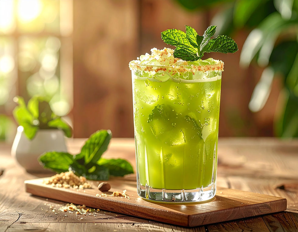 A cinematic, sunlit editorial shot of a Chartreuse Swizzle cocktail in a tall Collins glass filled with crushed ice, glowing green under afternoon light. Garnished with mint sprig and grated nutmeg. Background: tropical bar with wooden textures and greenery, summer terrace atmosphere, natural realism, landscape orientation.
