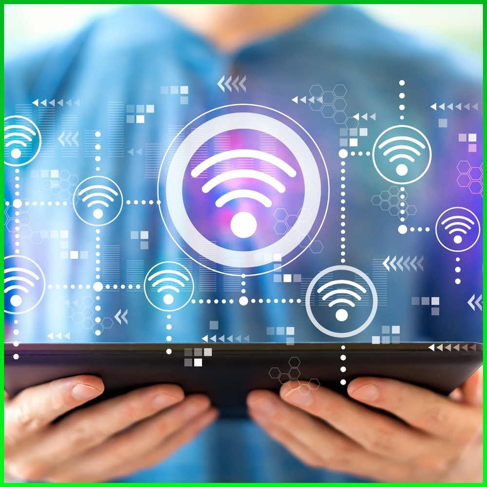 A person holding a router with wifi symbol