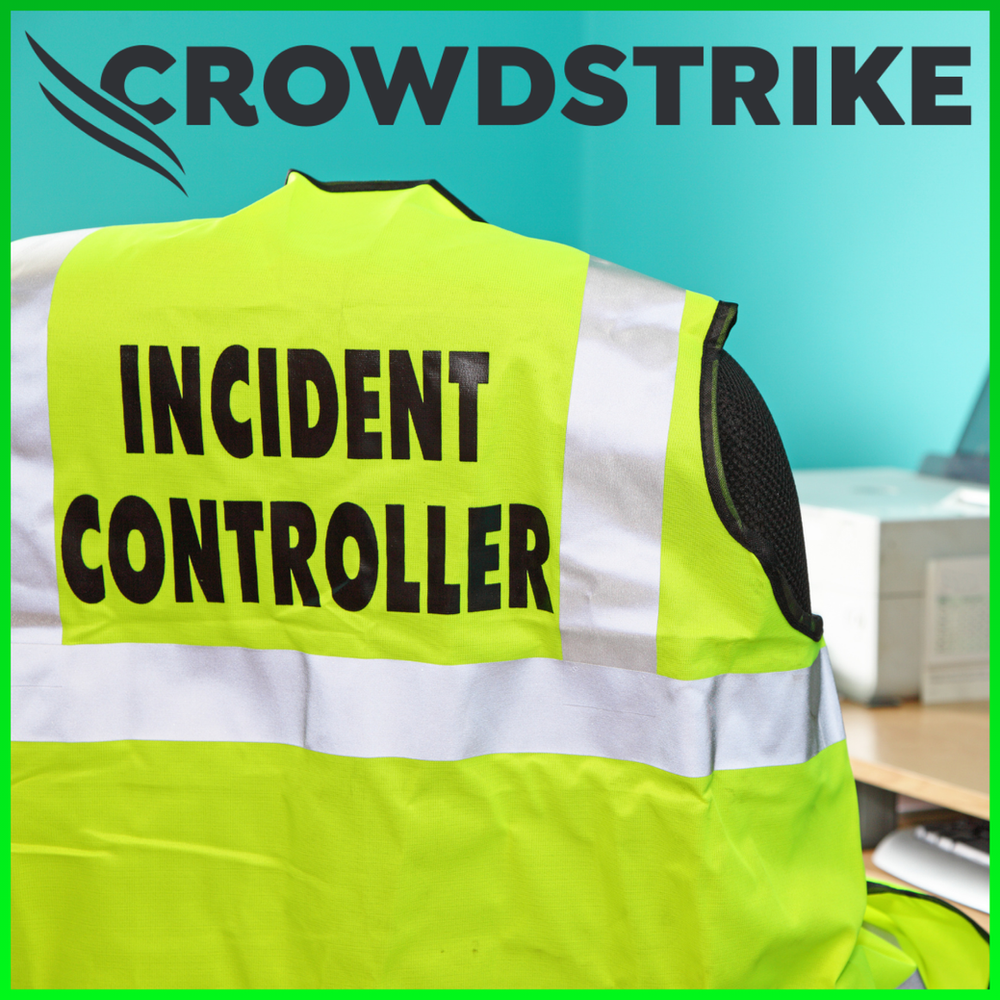 High-visability jacket with "Incident Controller" on the back with Crowdstrike logo above