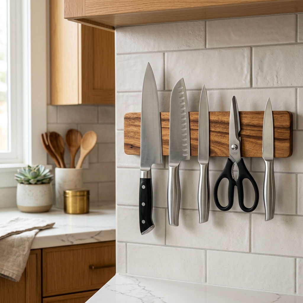 Magnetic Wall-Mounted Knife & Utensil Bar (Natural Acacia Wood)