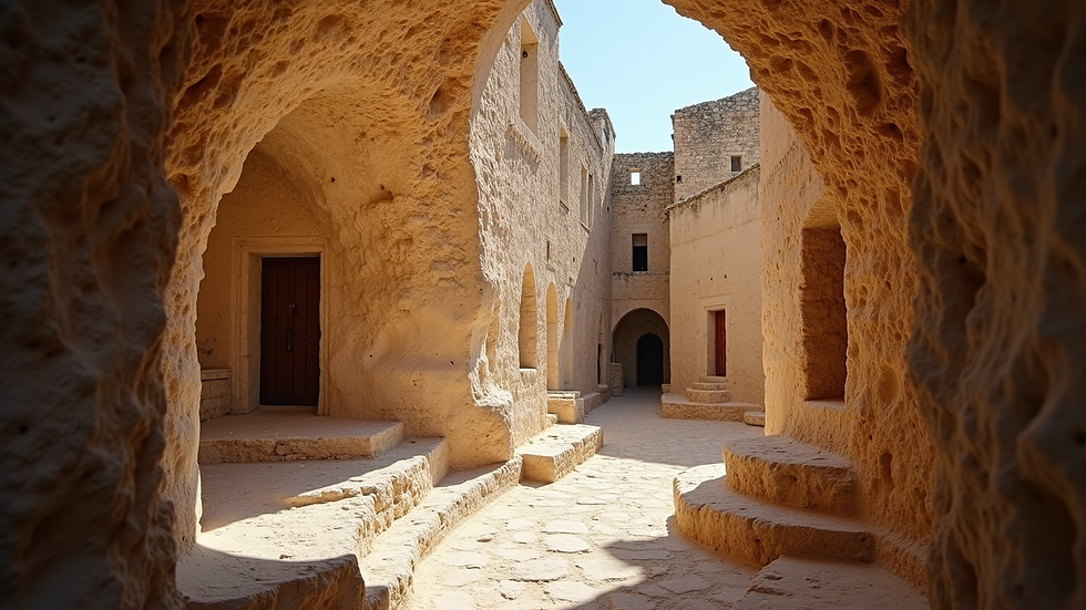 Eye-level view of ancient cave dwellings in Matera, Italy