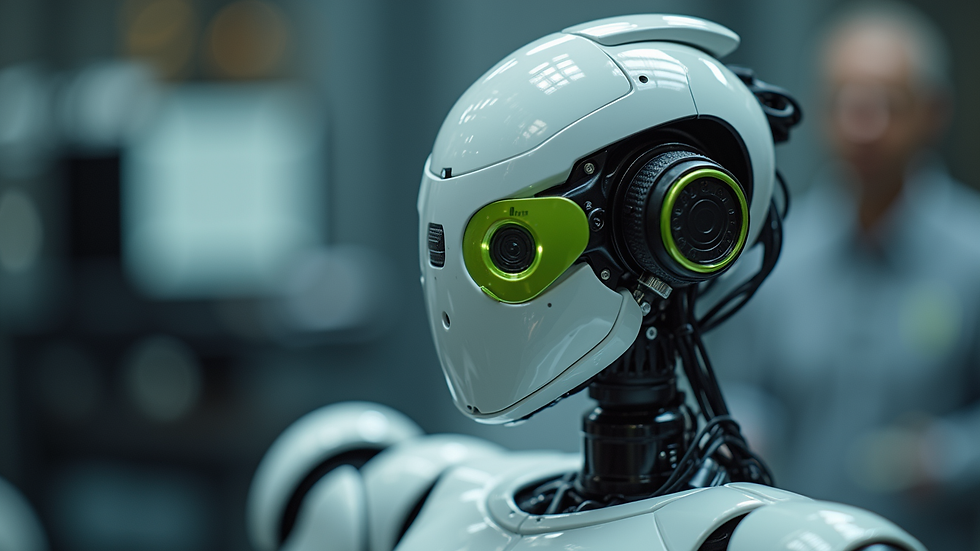 Close-up view of NVIDIA Isaac Gr00t robot's sensor array and robotic arm