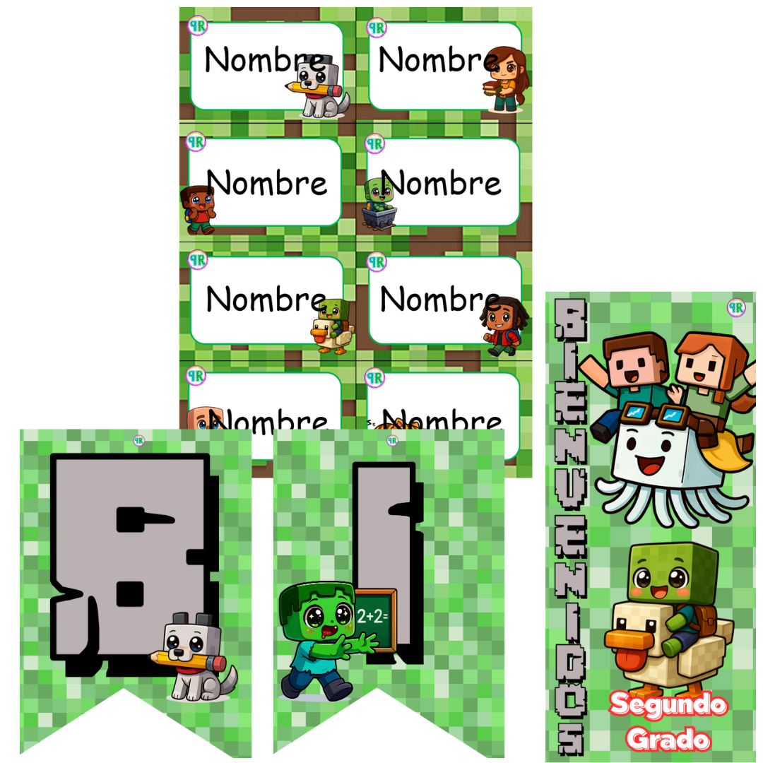 Lona, banderines y gafetes Minecraft Segundo Grado
