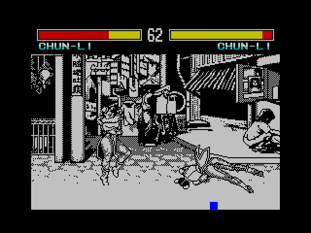 Chun-Li beats the crap out of herself. Guy on the right could care less