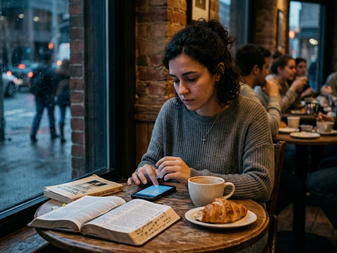 Mulher numa cafeteria com o celular e bíblia na mesa