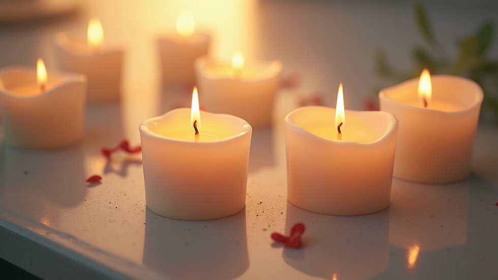 Eye-level view de velas aromáticas acesas em ambiente tranquilo