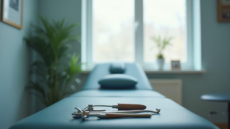 Close-up view of chiropractic tools and treatment table in a clinic