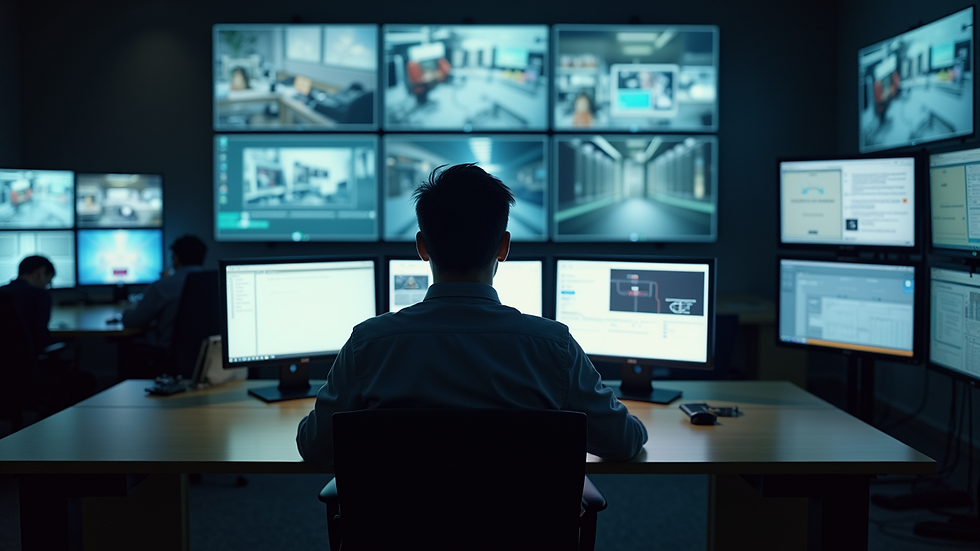 High angle view of a hotel security control room with multiple surveillance monitors