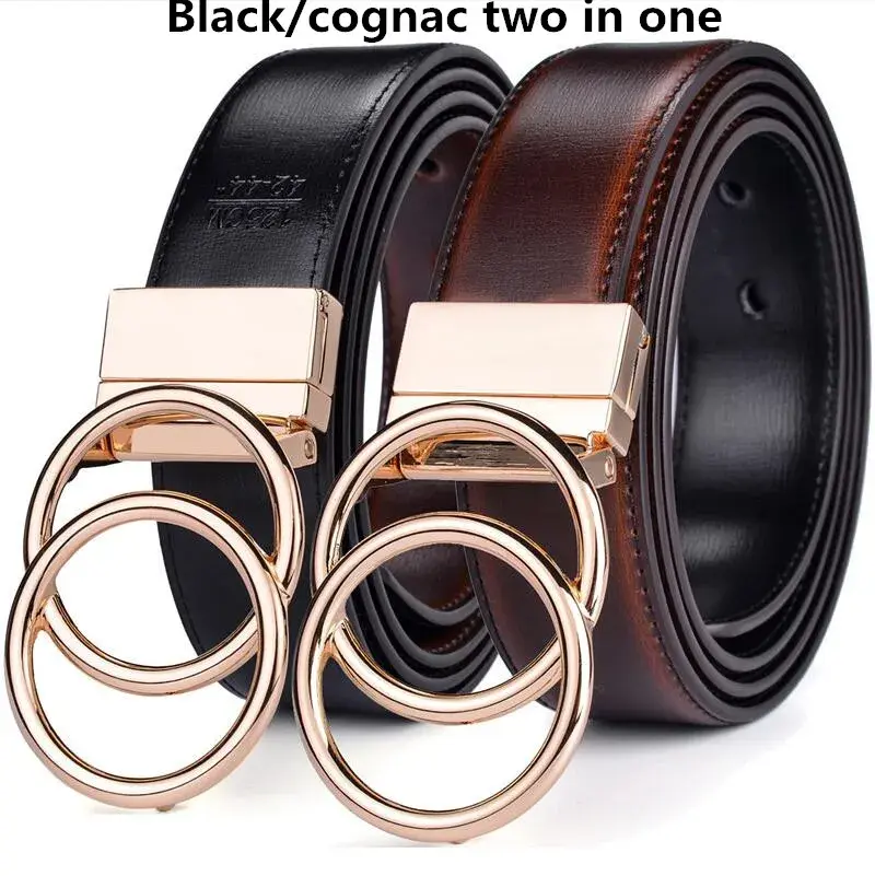 Thumbnail: Women Reversible Leather Belt 2 in 1 Rotated 2 Rings Gold Buckle 3.4cm