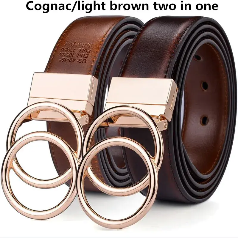 Thumbnail: Women Reversible Leather Belt 2 in 1 Rotated 2 Rings Gold Buckle 3.4cm
