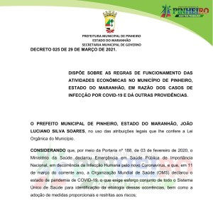 Decreto municipal autoriza volta das aulas presenciais e cultos religiosos em Pinheiro-Ma