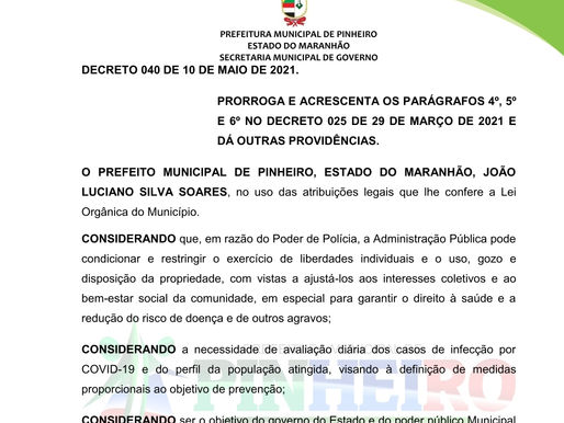Prefeitura de Pinheiro publica novo decreto prorrogando medidas de combate à pandemia