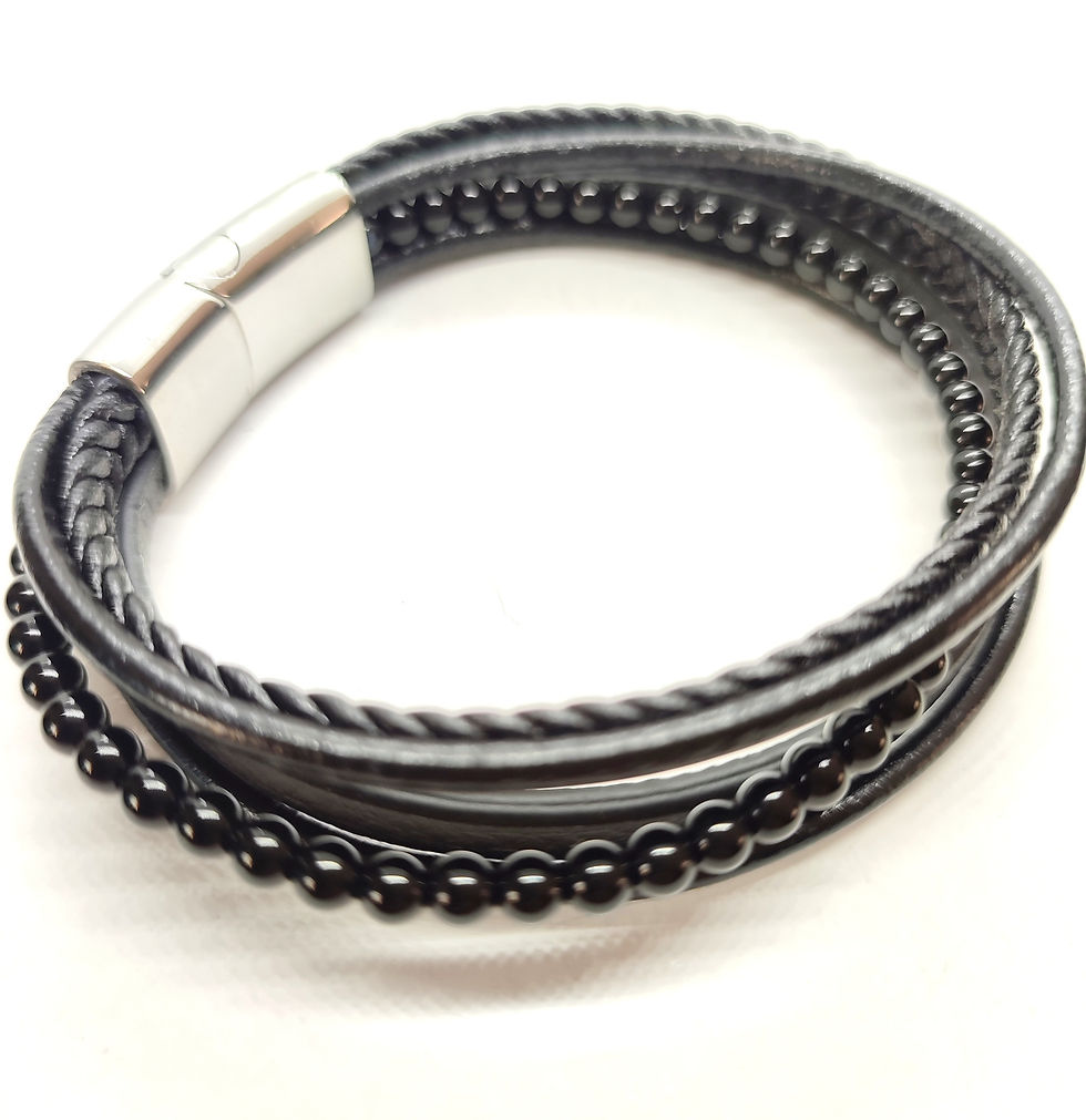 Miniature : Bracelet Agate noire / cuir noir