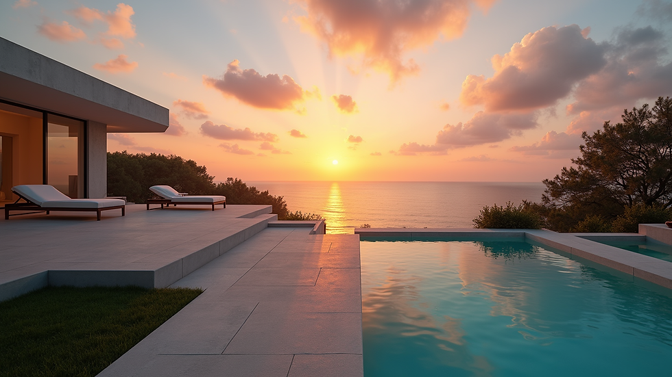 Wide angle view of a private estate overlooking the ocean at sunset