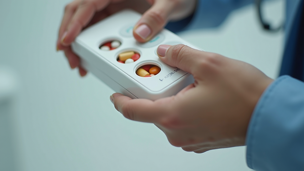 Close-up view of a smart pill dispenser with medication compartments