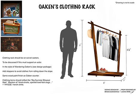 Prop design rendering of Oaken's clothing rack